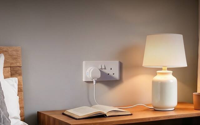 Aqara Power Plug H2 UK controlling a bedside lamp from a Singapore Type G wall socket