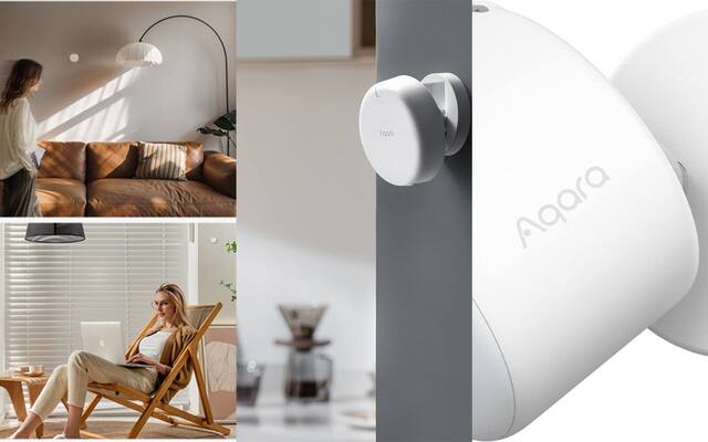 Aqara FP1E, FP2 and FP300 presence sensors shown in room and mounting examples