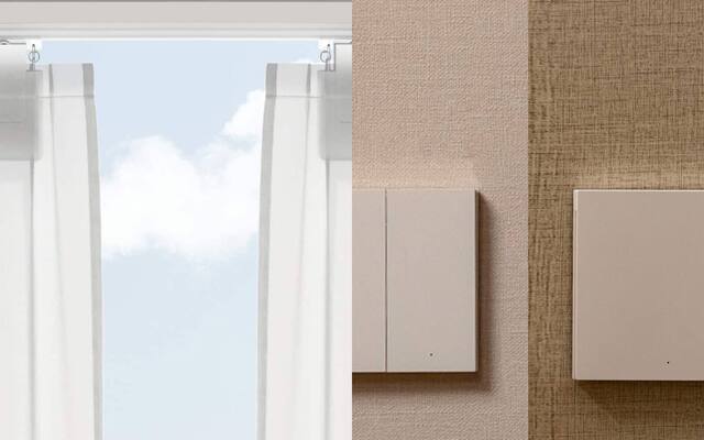 Motorised curtains and installed smart wall switches representing retrofit and integrated smart home controls