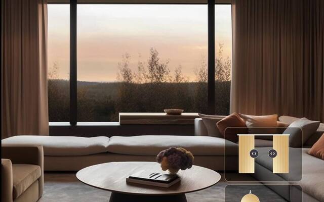 Motorised Aqara curtains closing across a large living-room window