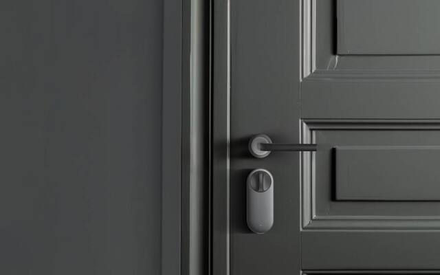 Aqara U200 retrofit smart lock mounted on the inside of a grey entrance door