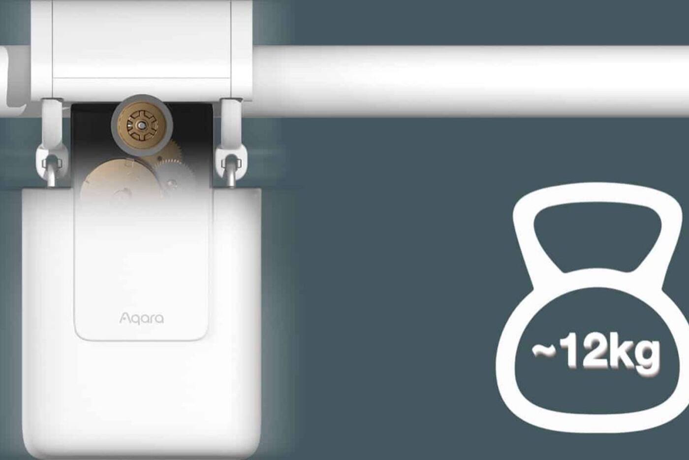 Aqara Curtain Driver E1 attached beneath a curtain track with a 12 kilogram load symbol