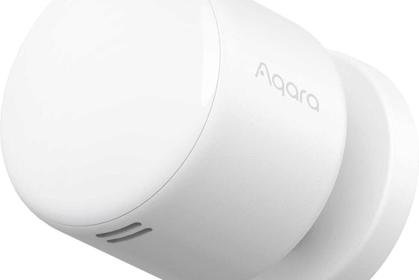 Two views of the compact white Aqara FP300 presence multi-sensor and its adjustable base
