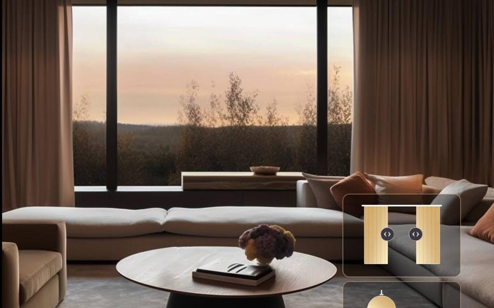 Motorised Aqara curtains closing across a large living-room window