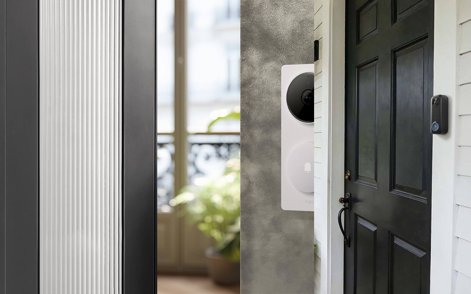 Aqara G4, G410 and G400 video doorbells shown with their different mounting and power arrangements