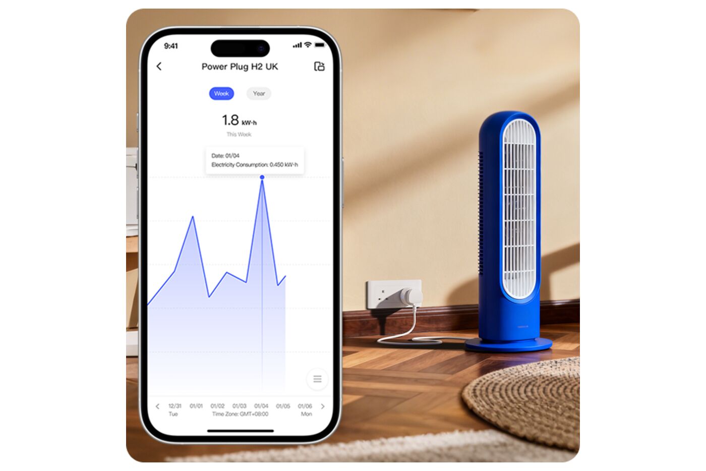 English Aqara Home screen showing weekly power consumption for a fan connected through Power Plug H2 UK