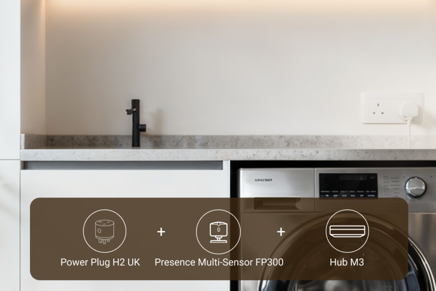 Power Plug H2 UK, Aqara Presence Multi-Sensor FP300 and Hub M3 shown beside a washing machine