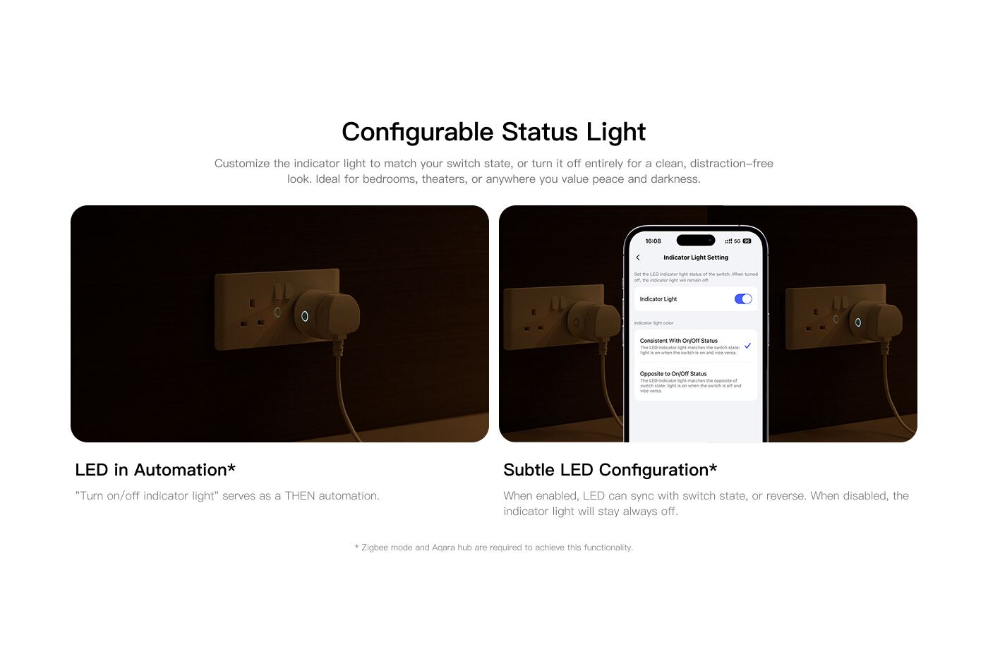 Aqara Power Plug H2 UK with illuminated status ring and English indicator-light settings in Aqara Home