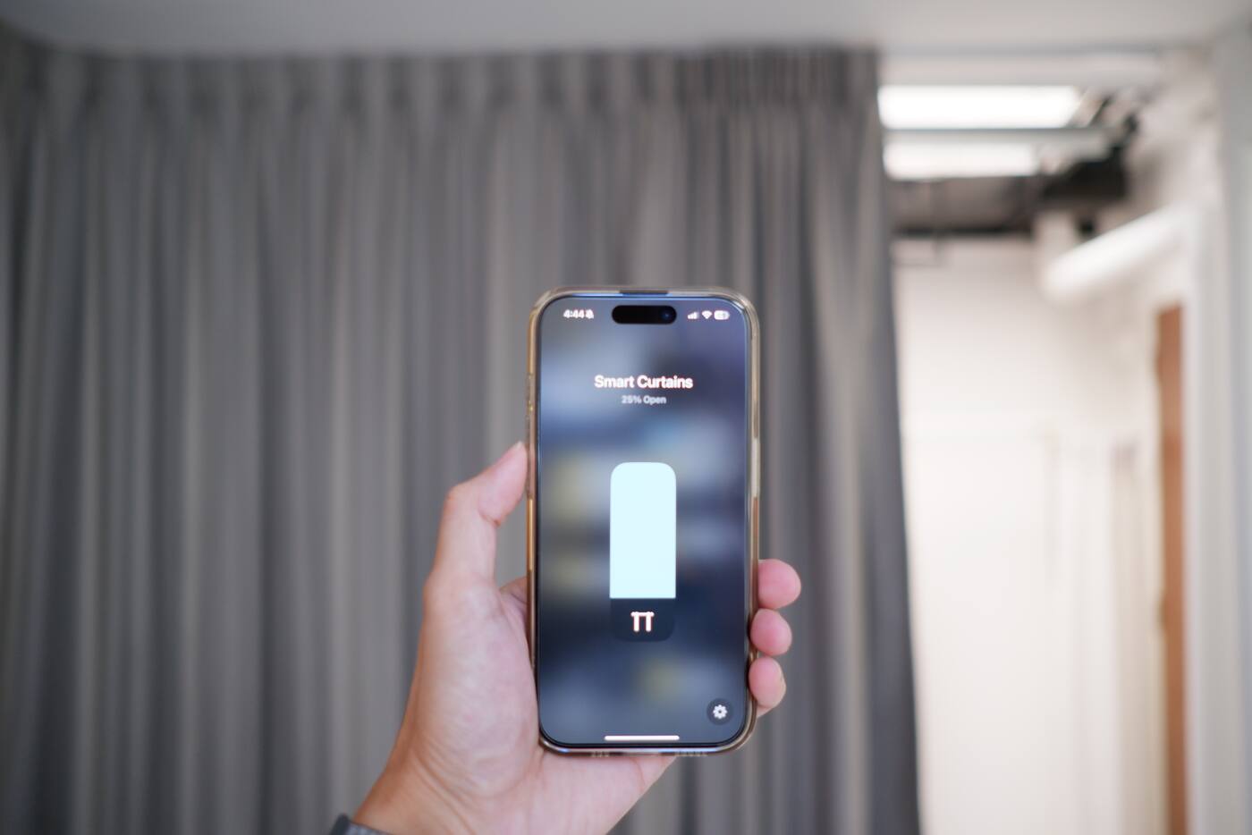 Smart curtain position control displayed on an iPhone
