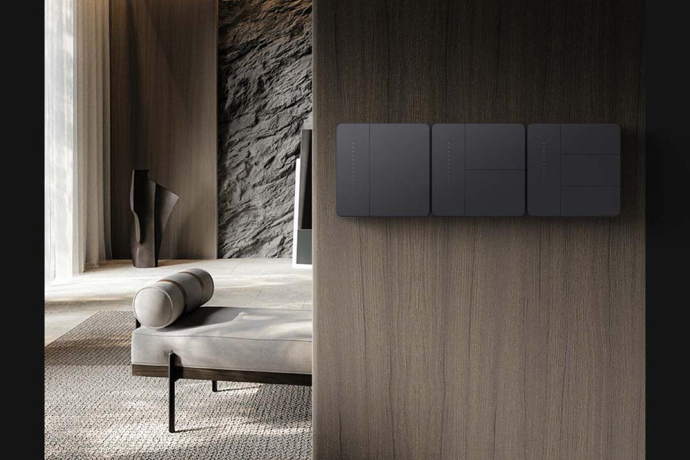 Black Aqara Z1 Pro wall switch with four buttons and a vertical touch slider
