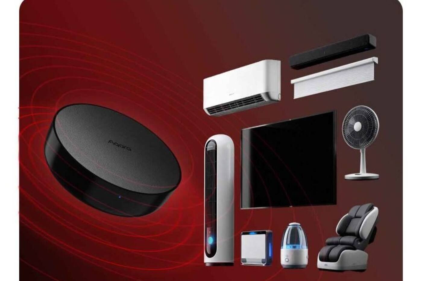 Aqara Hub M200 infrared emitter shown sending commands across a room