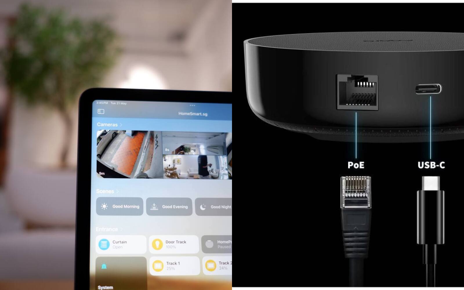 Smart home dashboard and multiprotocol hub representing app and hardware control layers