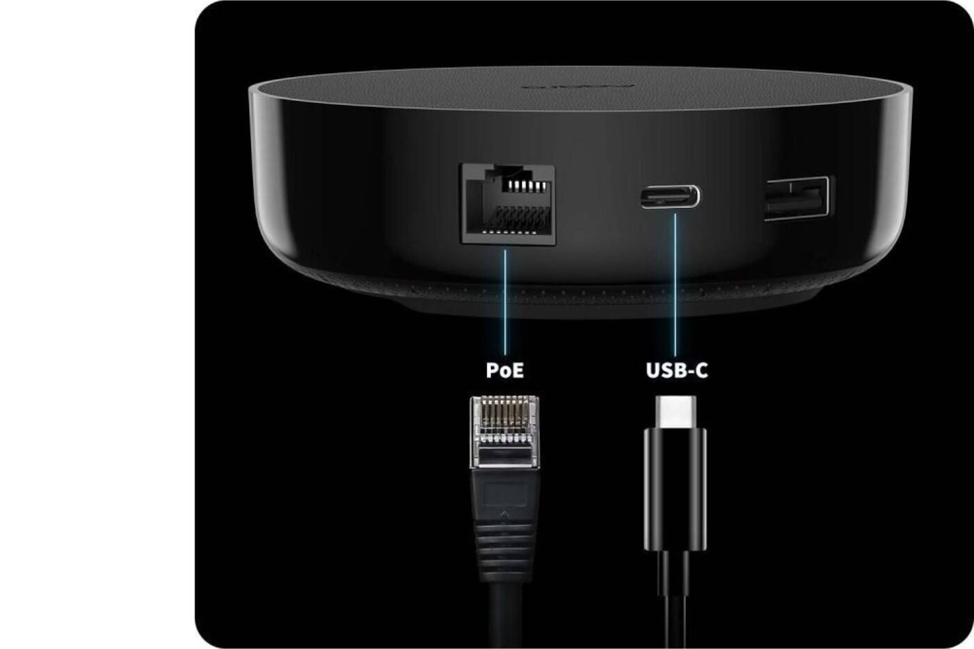 Black smart home hub shown with Wi-Fi Ethernet and infrared connectivity labels