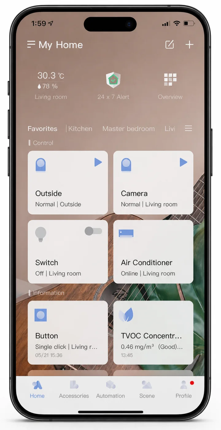 Aqara Home app device and room controls