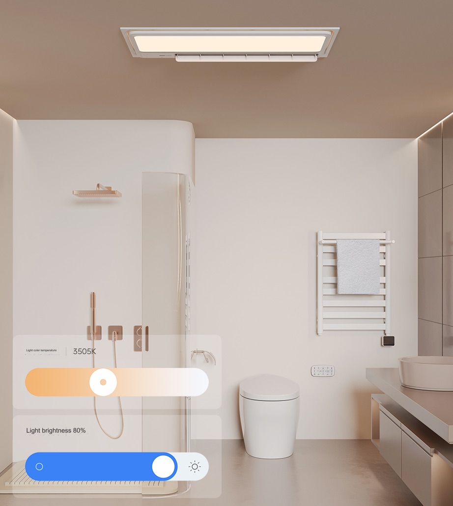 Bathroom with the heater's light set to a warm tone, shown alongside app brightness and colour-temperature controls