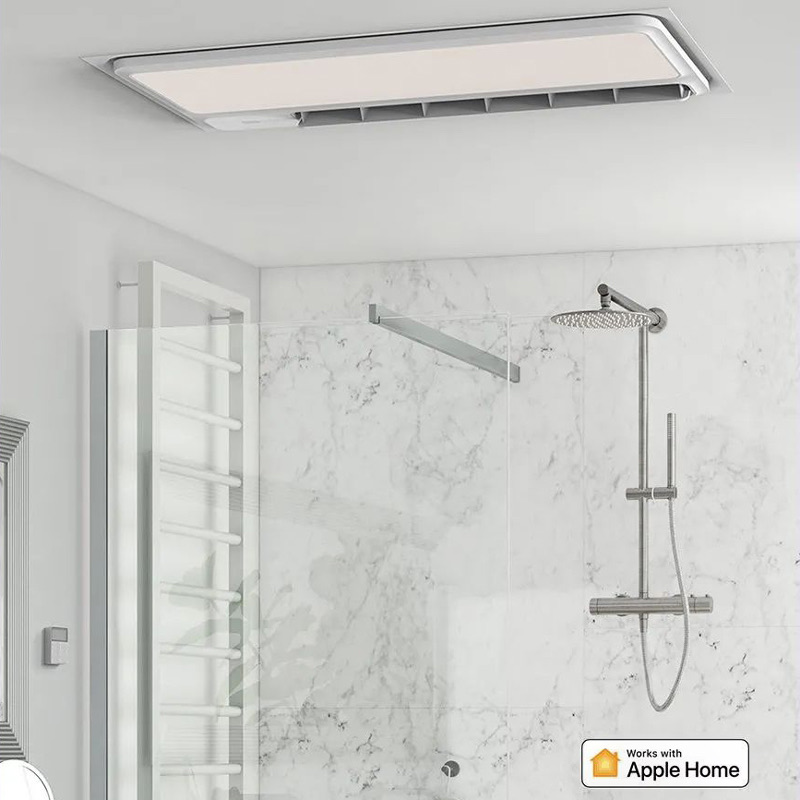Bathroom Heater T1 on the ceiling of a marble bathroom with a Works with Apple Home badge