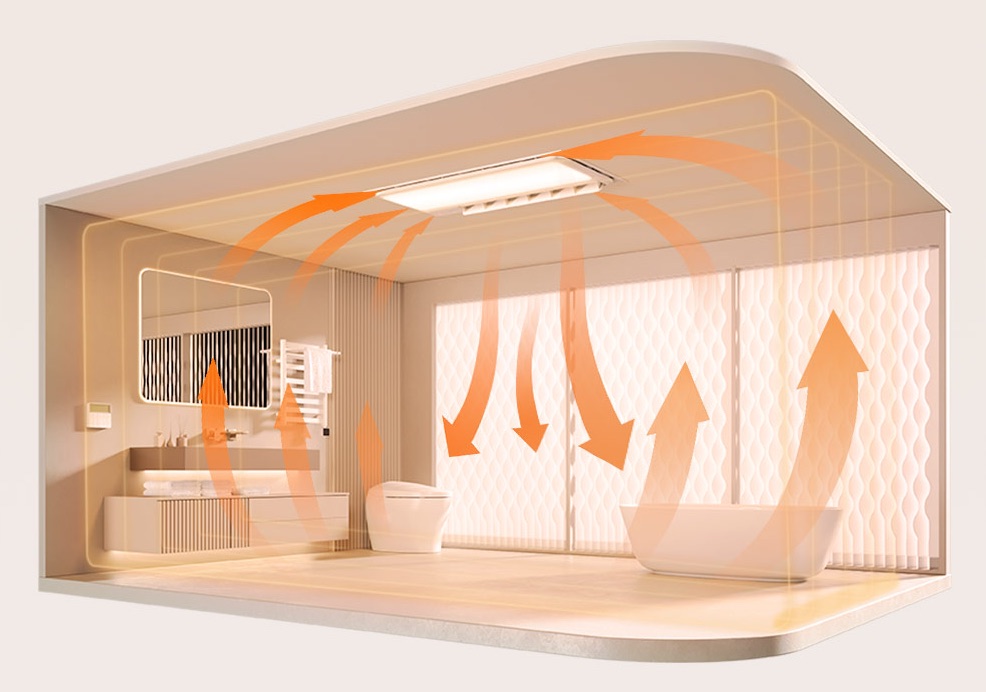 Cutaway of a bathroom showing warm air circulating from the ceiling heater