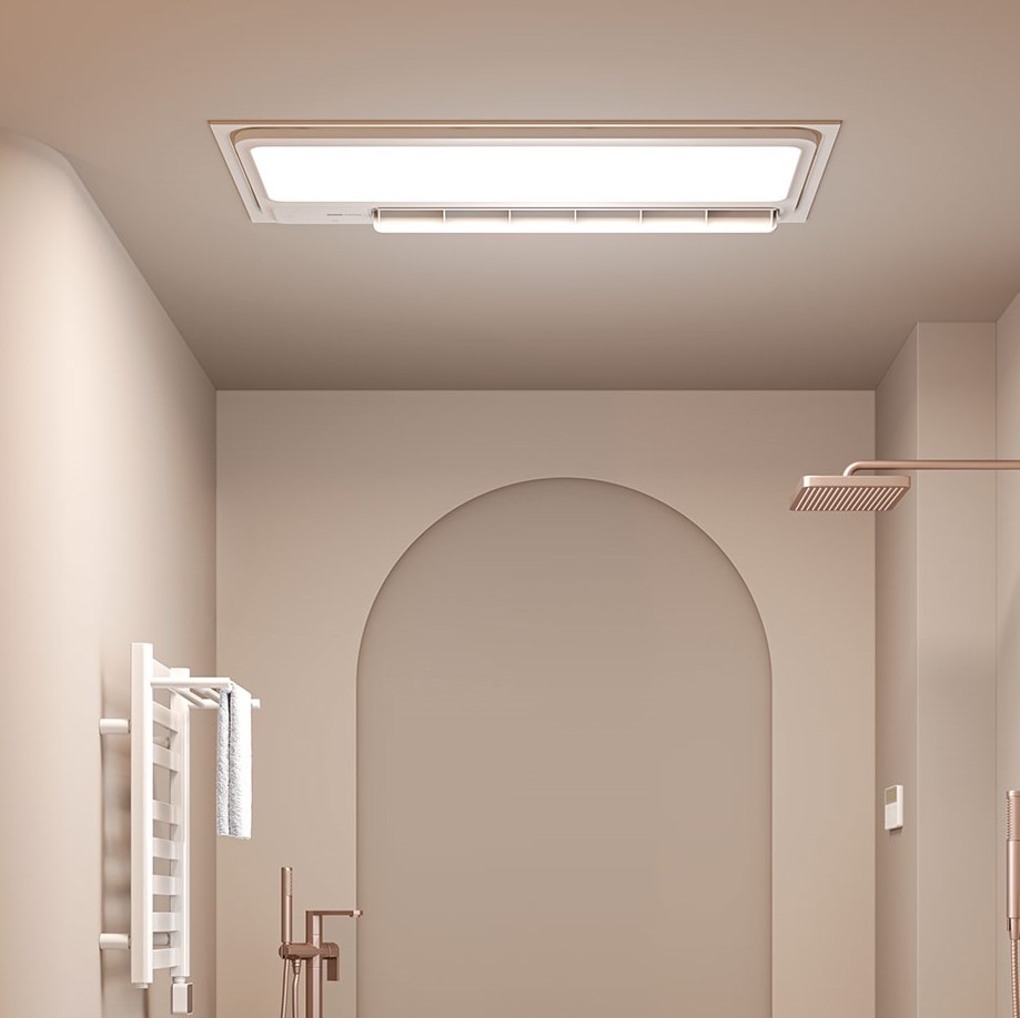 Warmly lit bathroom with the Bathroom Heater T1 glowing on the ceiling above a walk-in shower