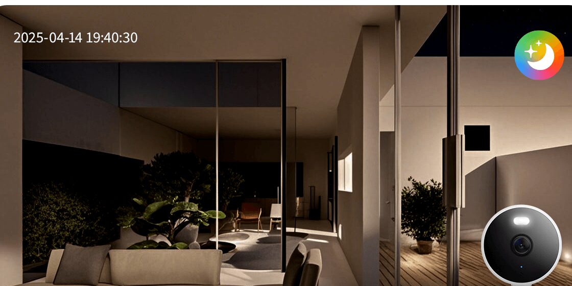 Night-time living room captured in full colour by the G100's spotlight night vision