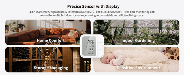 W100 display shown across four scenes: living room, indoor garden, wine store and nursery