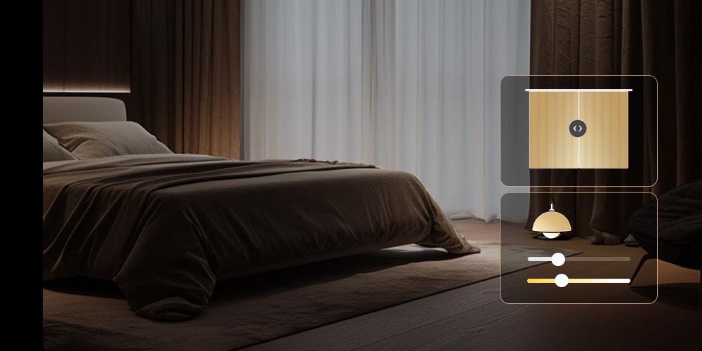 Curtains and a dim bedroom at night with an on-screen curtain and lighting control overlay