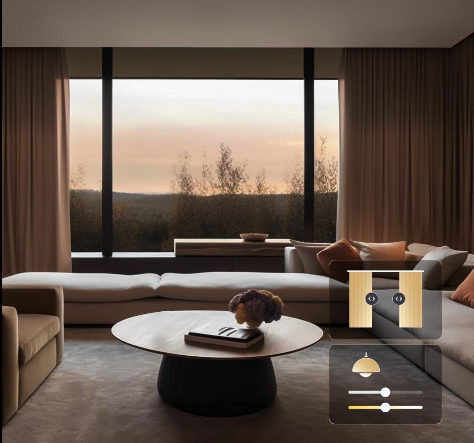 Curtains framing a sunset view in a warm living room, with an on-screen curtain and lighting scene overlay