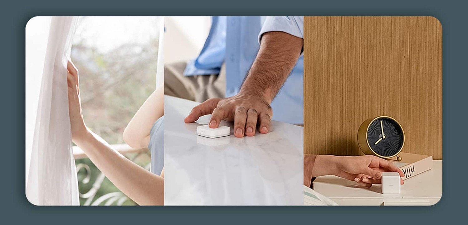 Three ways to control the curtains: a hand tugging the fabric, pressing an Aqara switch, and turning an Aqara cube