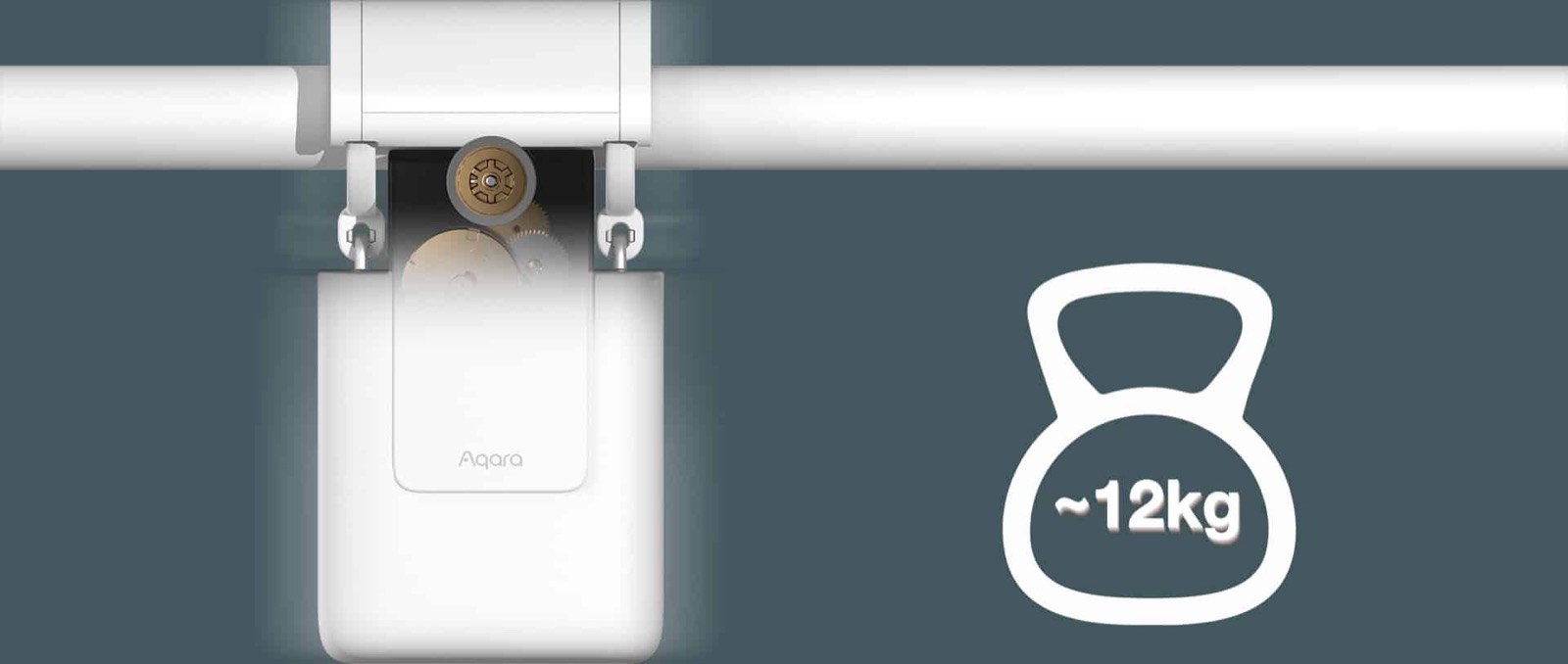 Close-up of the Curtain Driver E1 motor and gears with a 12 kg weight icon