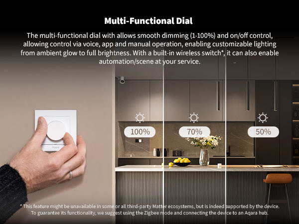 Kitchen lighting shown at 100%, 70% and 50% brightness set from the Dimmer Switch H2 dial