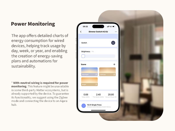 The Aqara Home app showing the Dimmer Switch H2 brightness control and energy figures