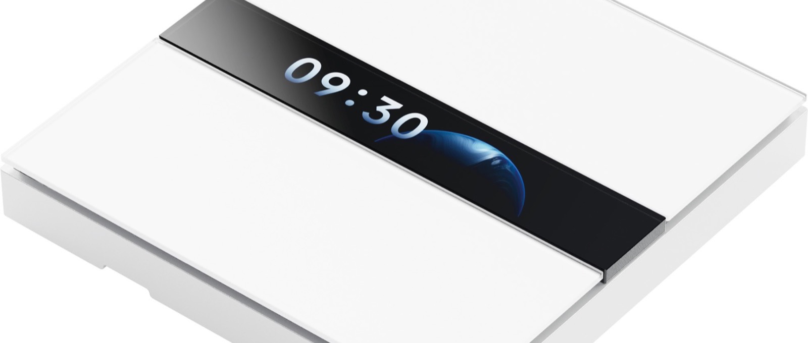 Aqara Display Switch V1 shown at an angle, its LCD strip reading 09:30 above an image of Earth