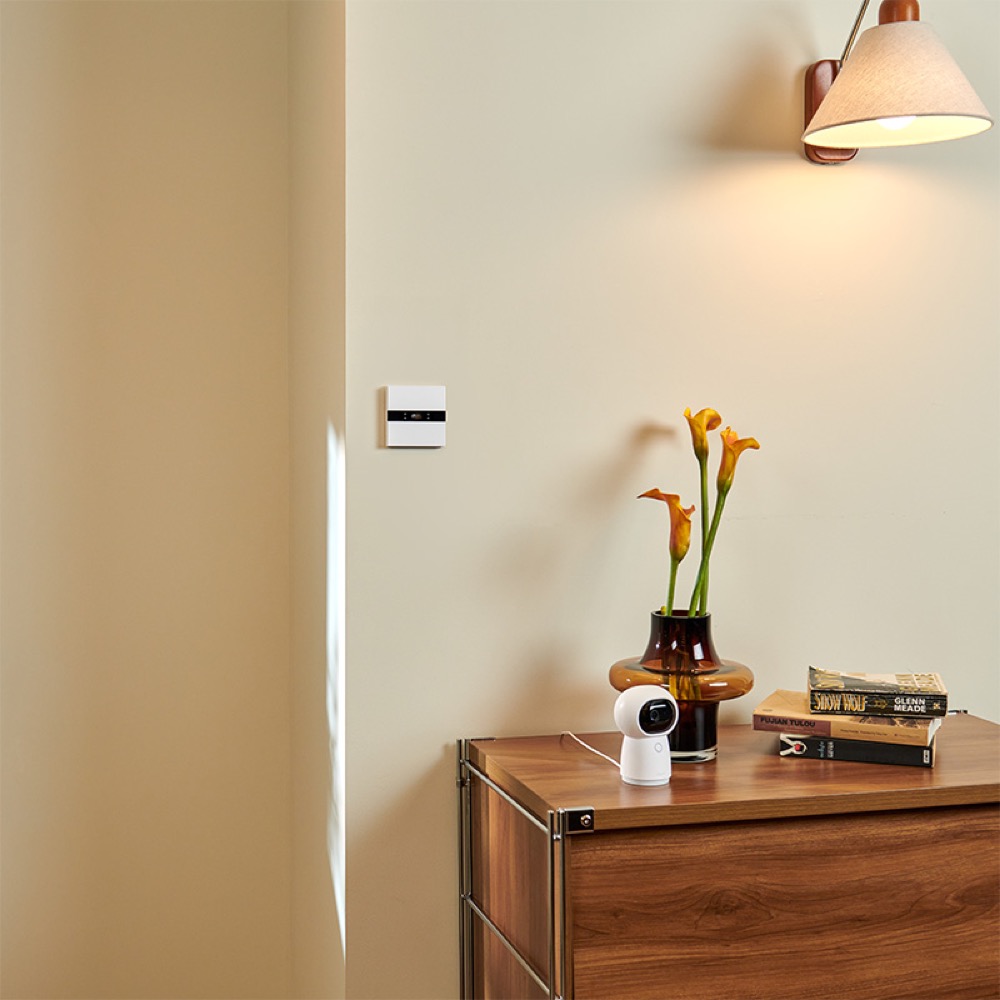 Display Switch V1 on a wall beside a wooden dresser in a softly lit room