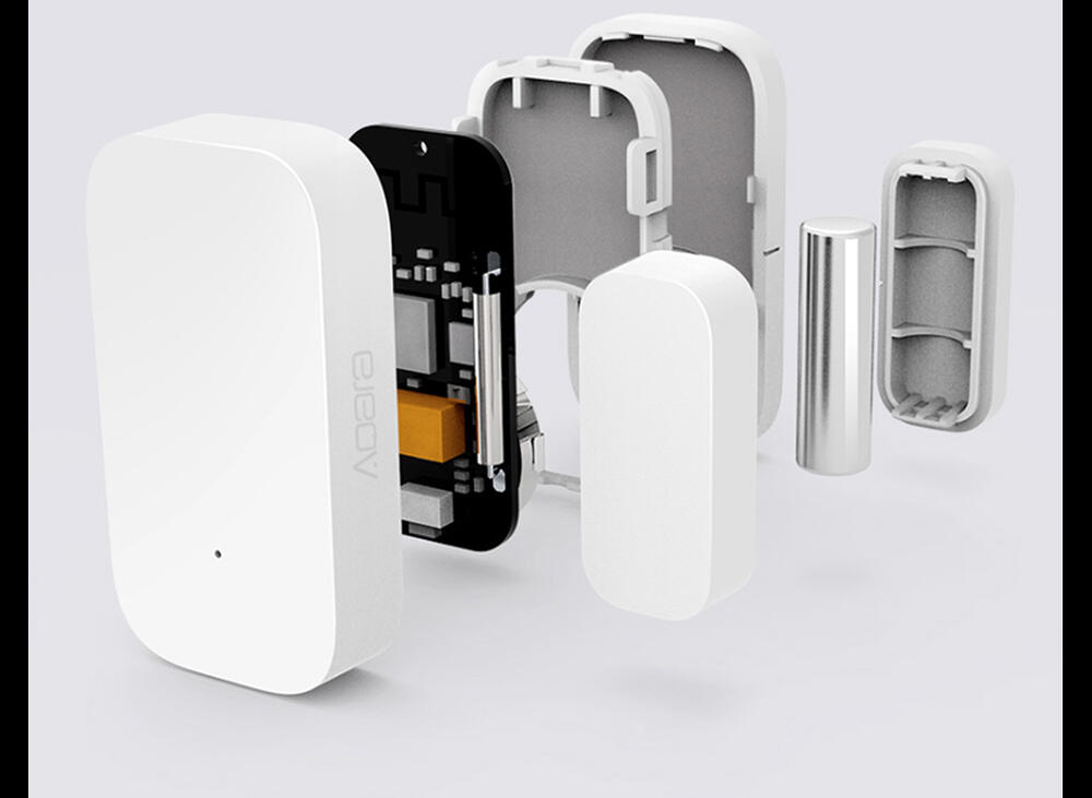 Exploded view of the Door and Window Sensor T1 showing its circuit board, housing, and magnet