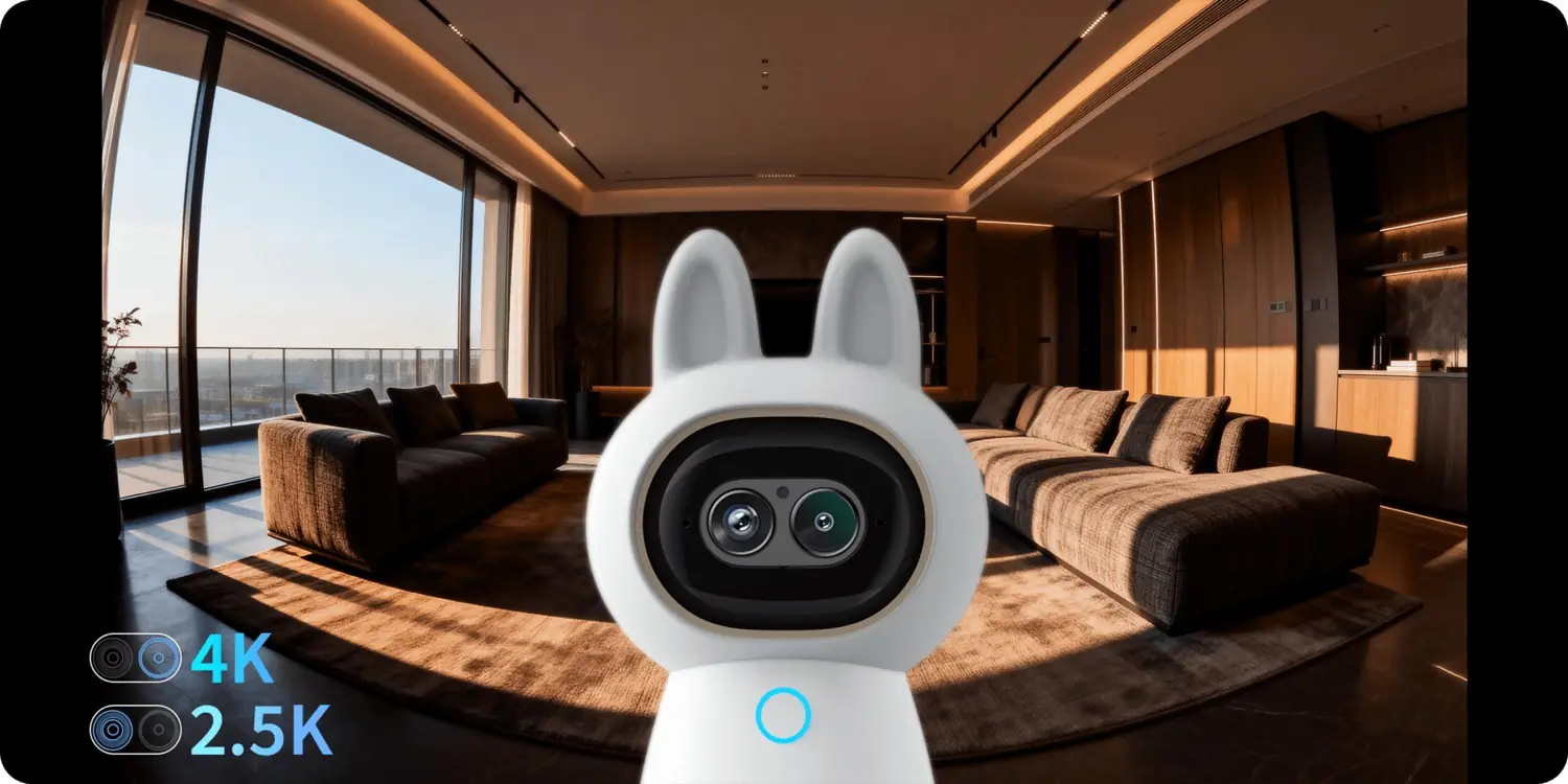 Wide-angle living-room view captured by the G350's dual 4K and 2.5K lenses