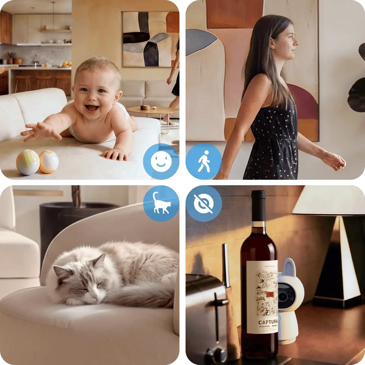 Four scenes of local AI detection: smiling baby, walking person, sleeping cat, and privacy mode