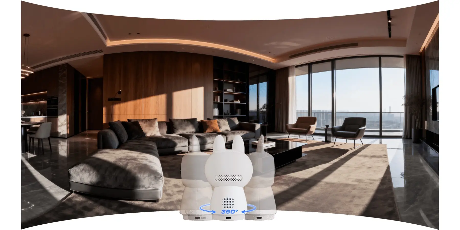 Panoramic view of a living room showing the G350's full 360-degree pan-tilt coverage