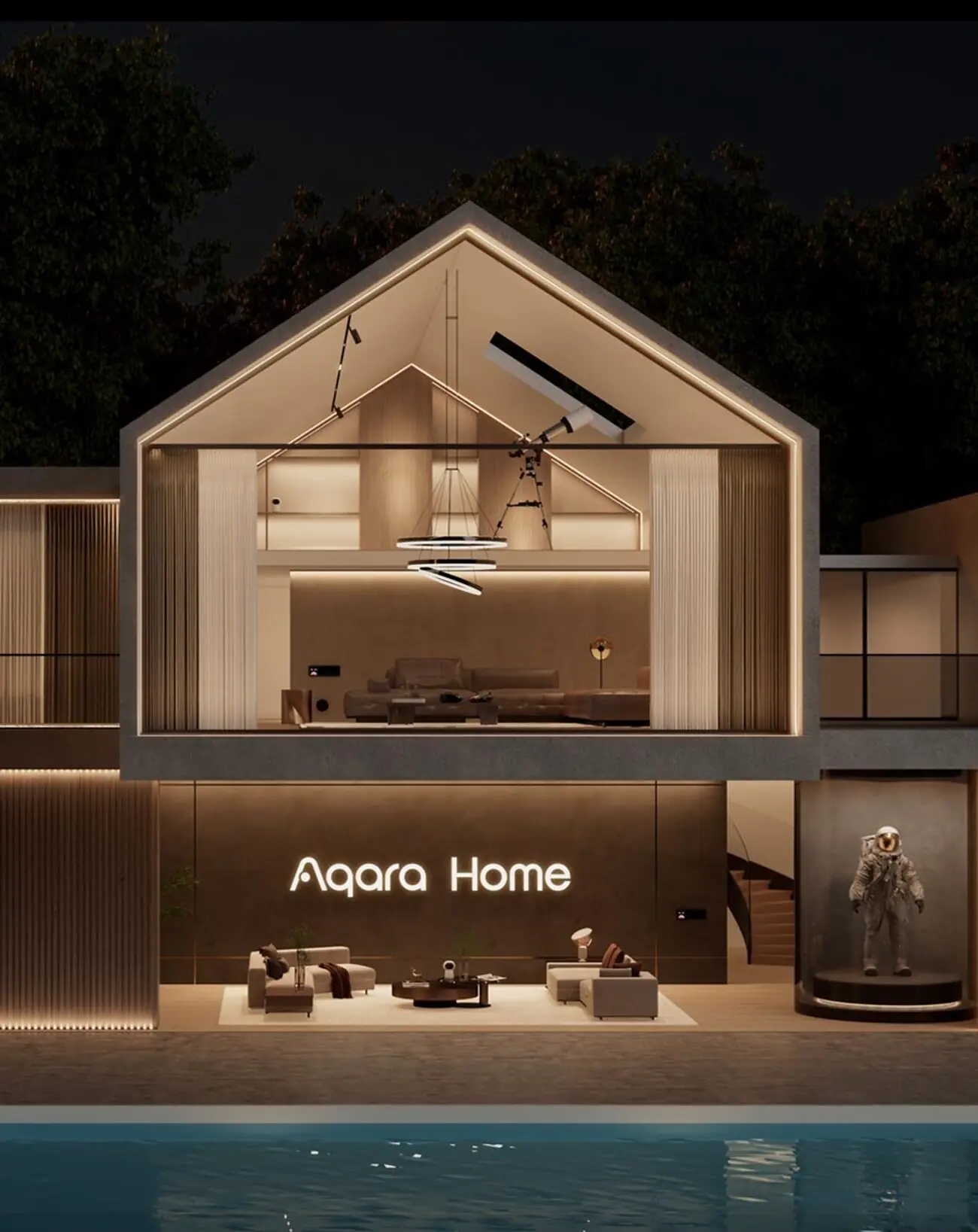 Cutaway of an Aqara Home house at night, warmly lit throughout by adaptive lighting