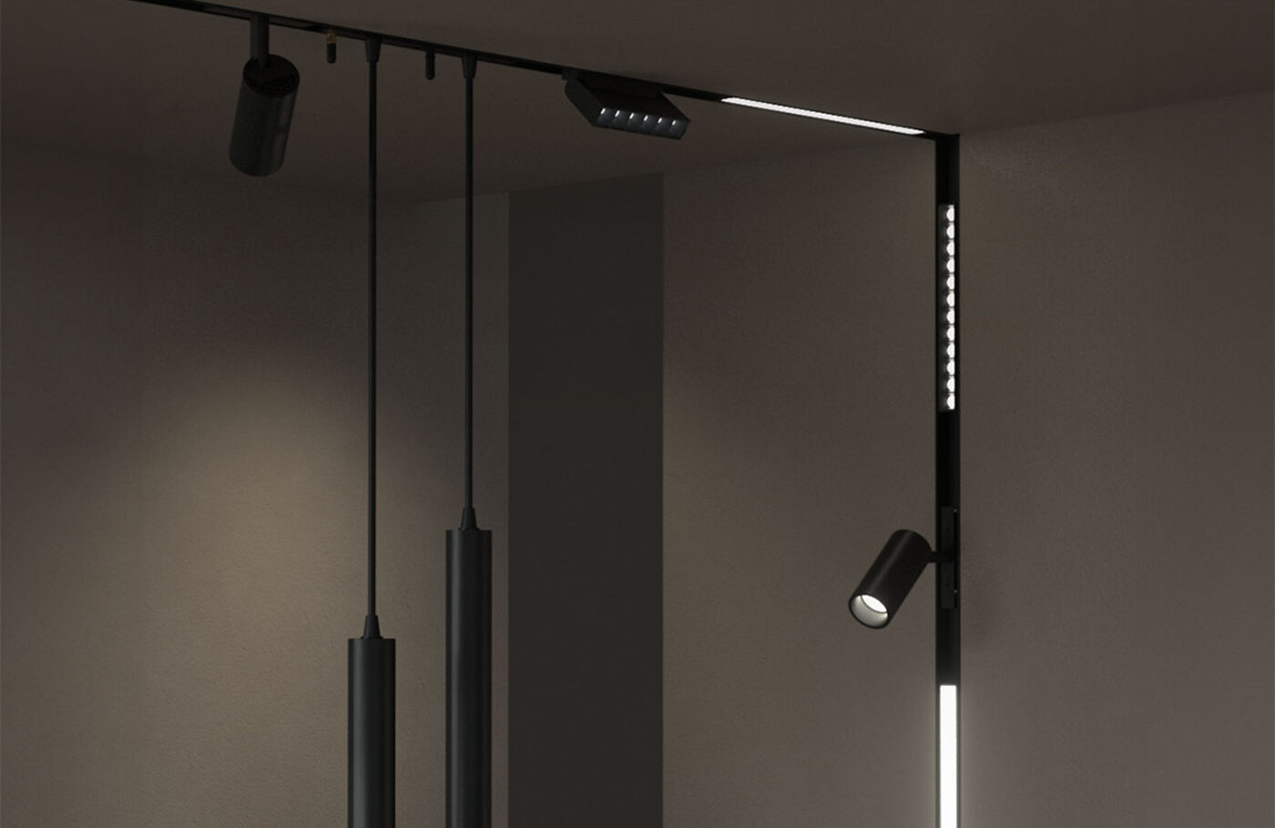 Aqara H1 Pro magnetic track running along a ceiling with pendant, grille, linear and spotlight modules in a dim room