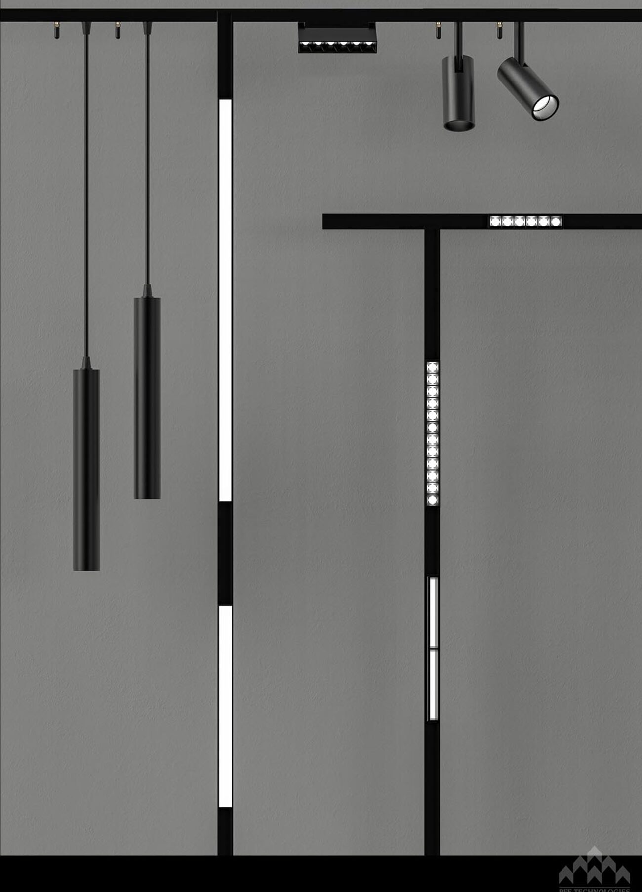 The range of H1 Pro track modules — pendants, linear lights, grille lights and spotlights — arranged on a magnetic track