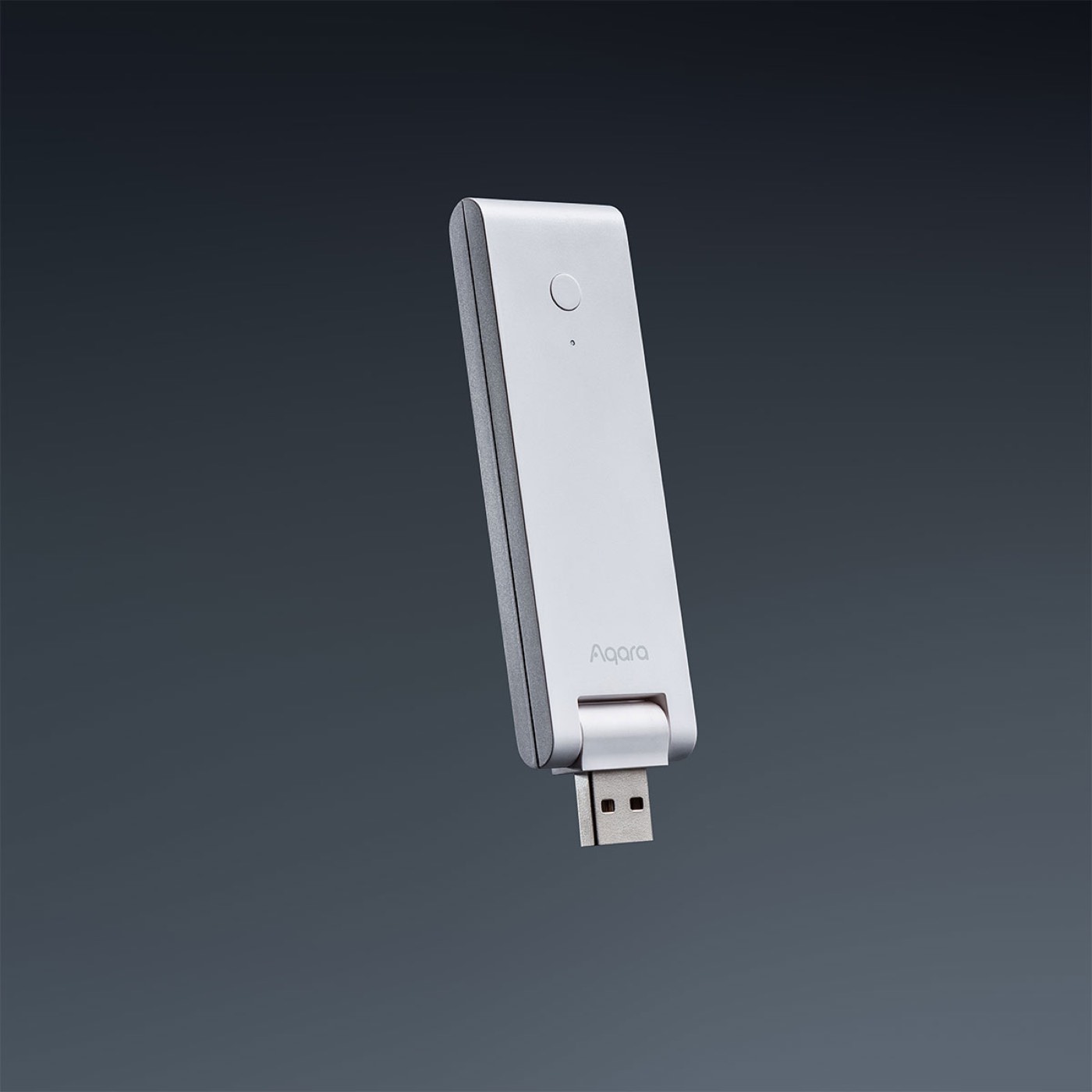 Aqara Hub E1 with its USB-A plug extended, floating against a dark gradient