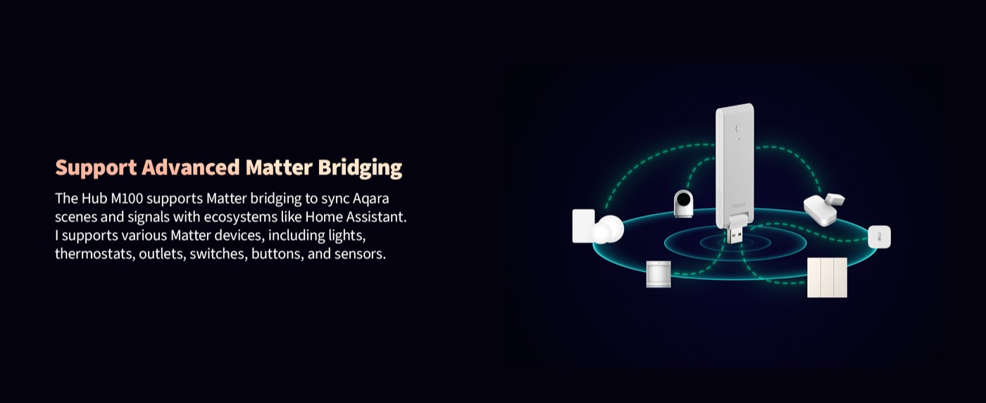 Hub M100 bridging to a ring of Matter devices — lights, sensors, switches and a camera