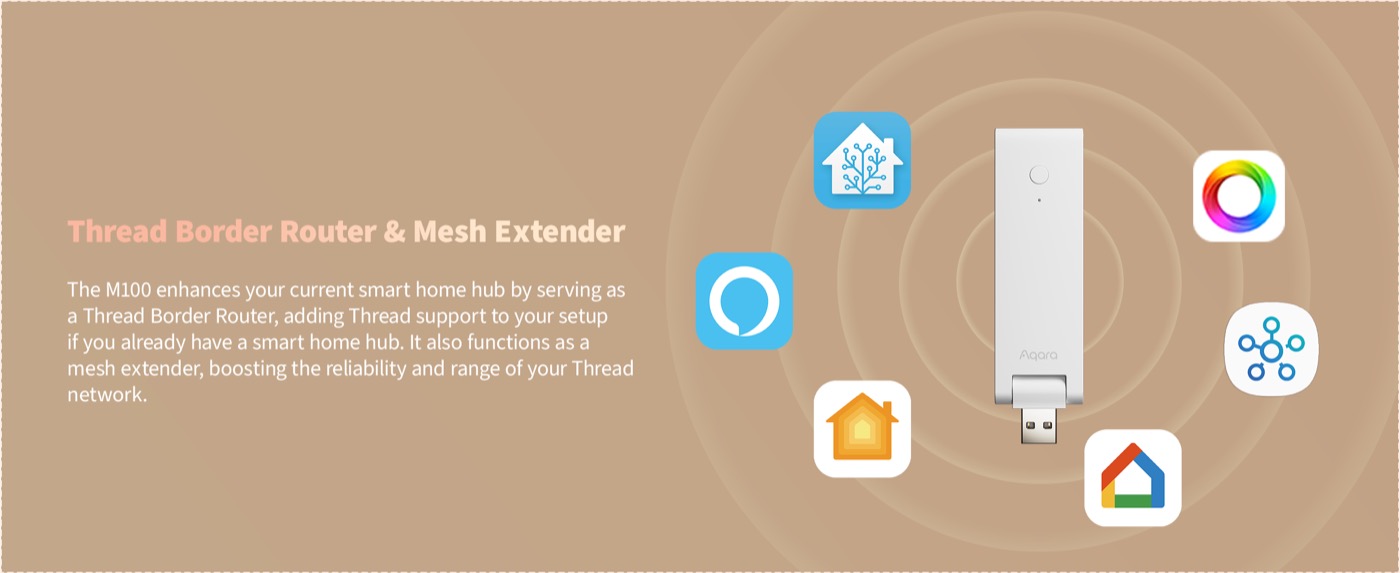 Hub M100 surrounded by Apple Home, Alexa, Google Home and Aqara ecosystem icons