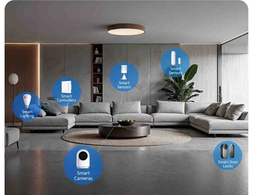 Living room with the M200 orchestrating smart lighting, sensors, cameras and door locks