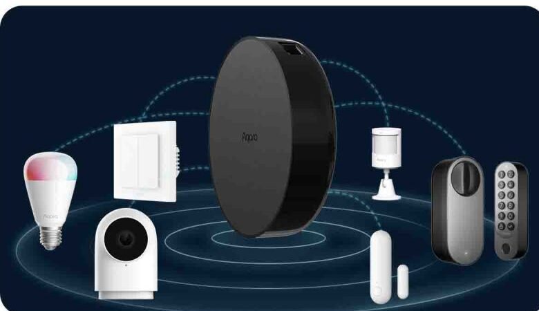Hub M200 at the centre of a smart home, linked to a bulb, switch, camera, sensor and lock