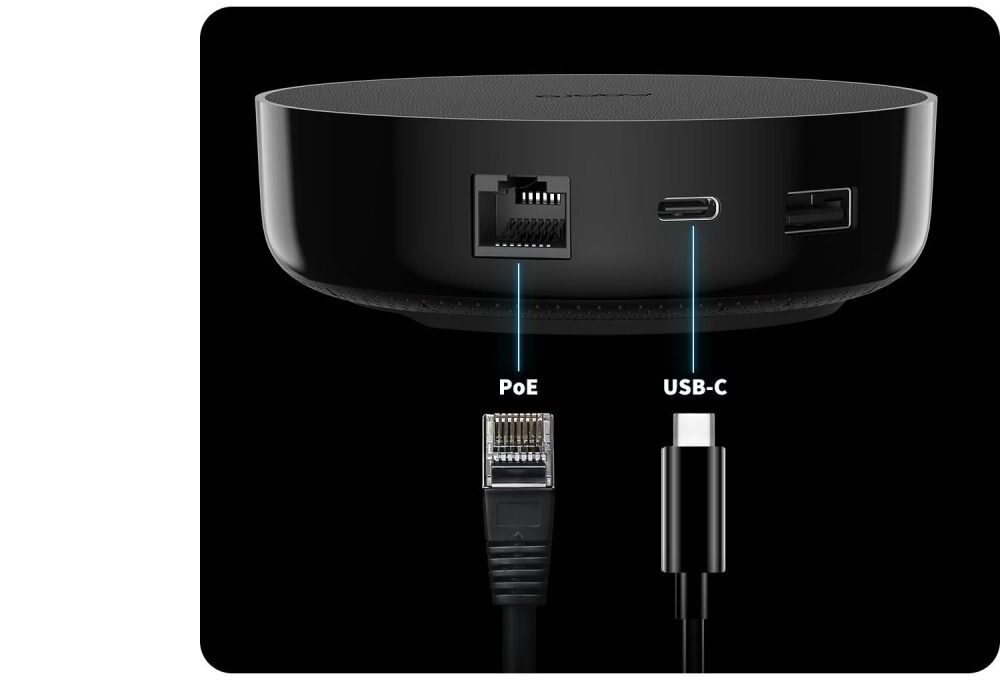 Rear ports of the Hub M200 showing PoE and USB-C connections on a black background