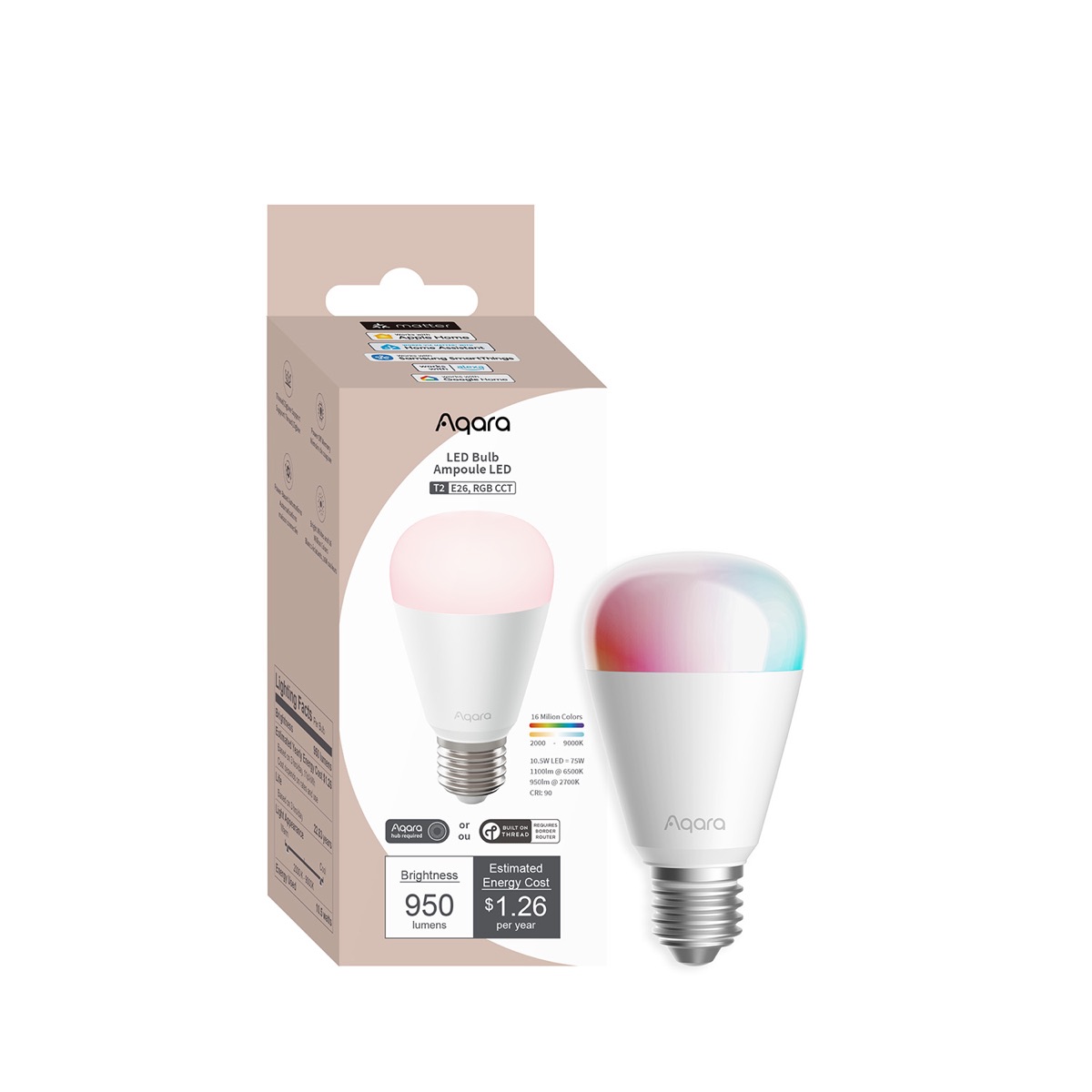 LED Bulb T2 retail packaging showing Matter, Thread and works-with-ecosystem badges beside the bulb