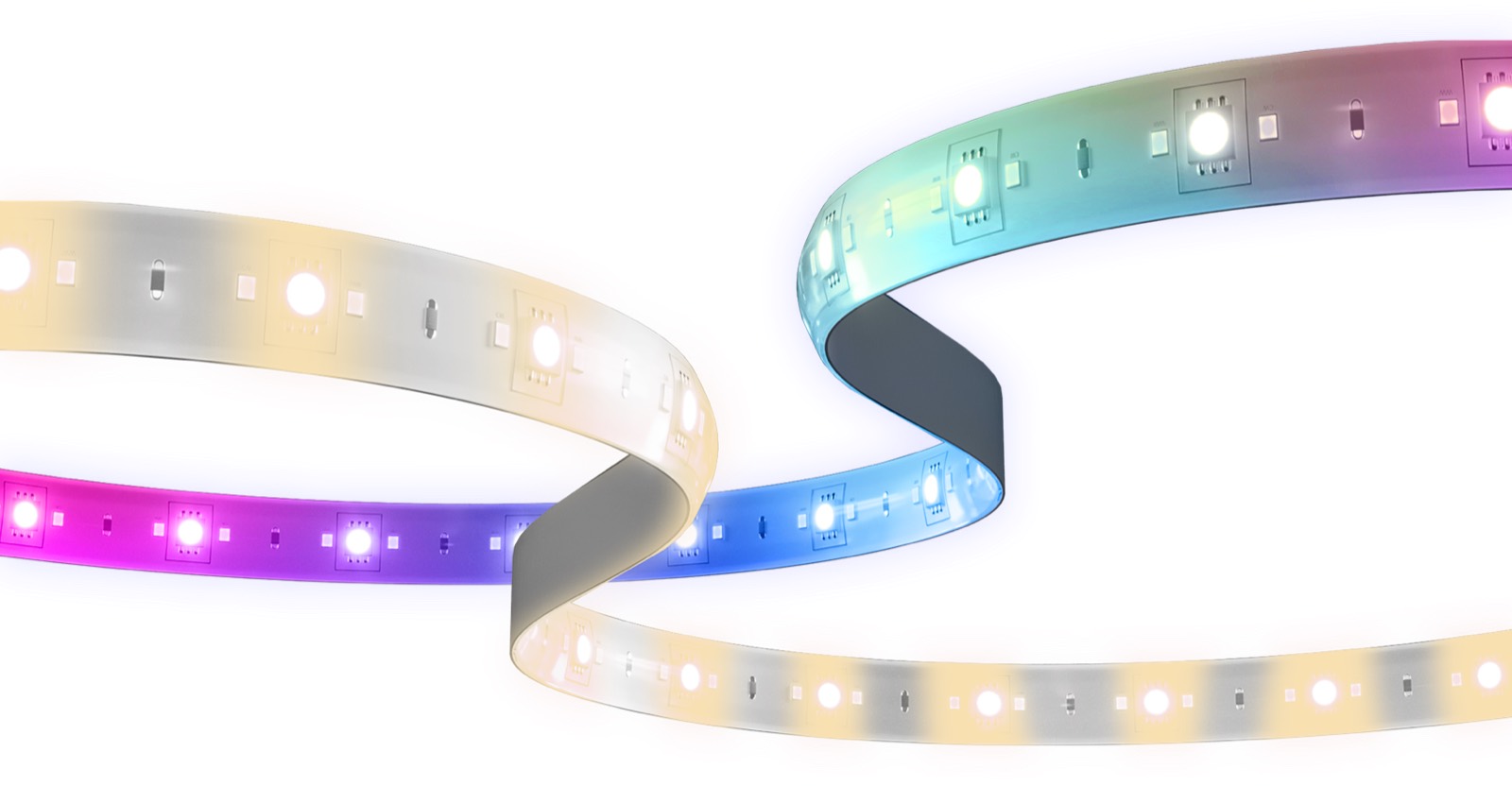 Aqara LED Strip T1 glowing in vivid colour along a living-room shelf