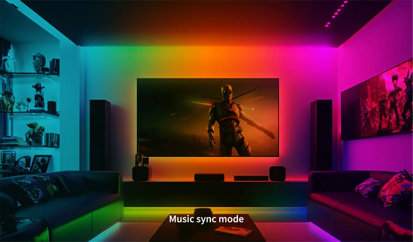 LED Strip T1 pulsing in time with music in a dim room