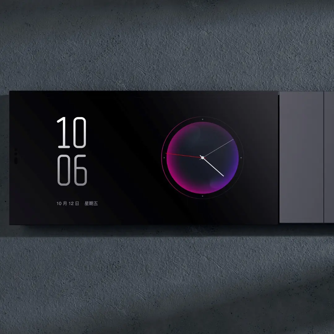 MagicPad S1 Plus wall-mounted beside a switch module, showing a minimalist full-screen clock
