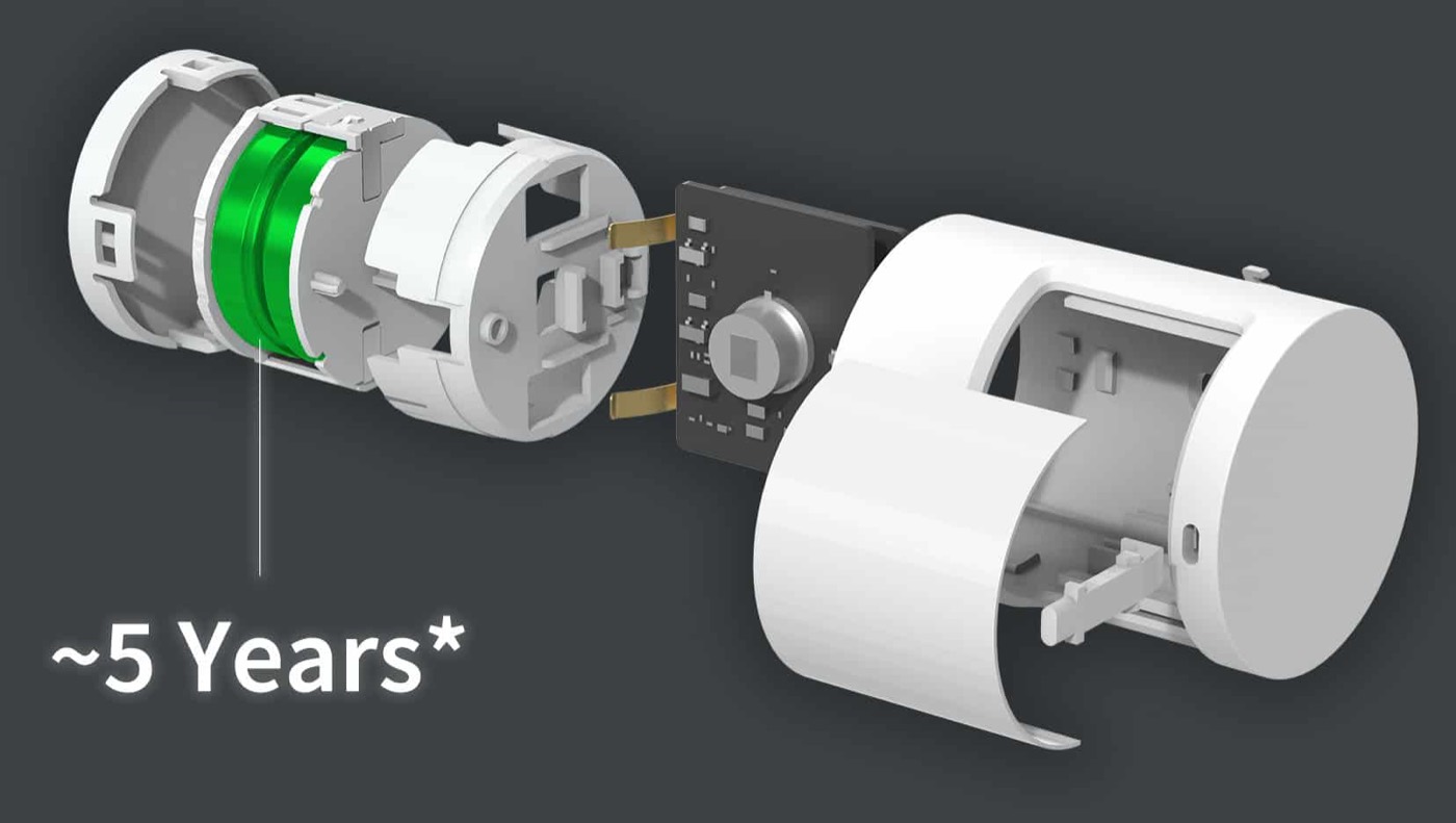 Exploded view of the Motion Sensor P1 highlighting its batteries with a ~5 years label